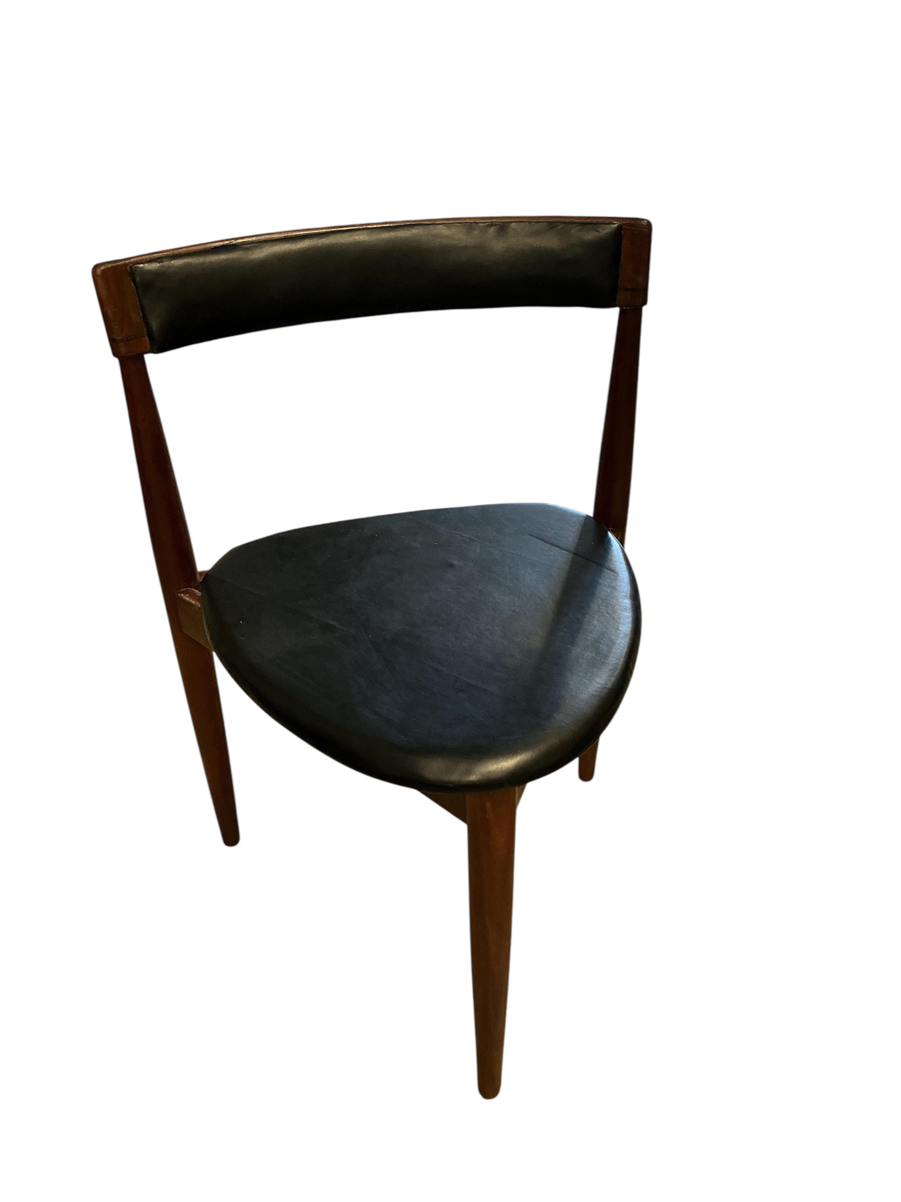 Hans Olsen for Frem Rojle, a set of six mid century teak tripod chairs, width 48cm, height 70cm